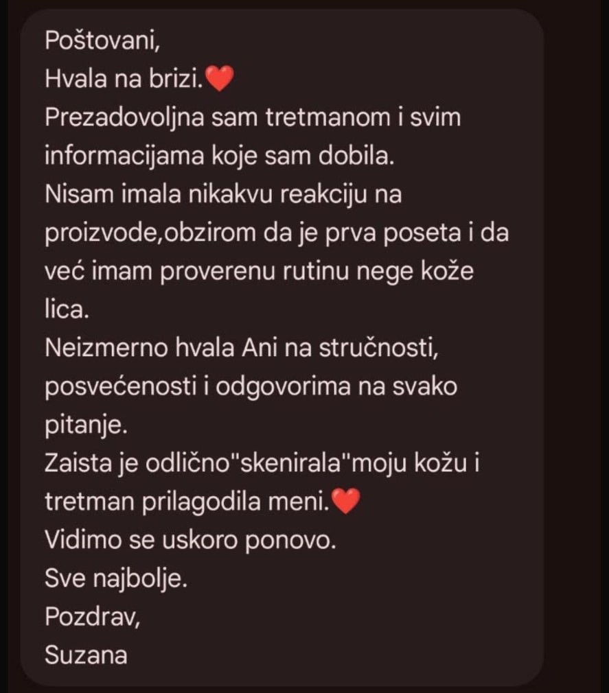 Poruka klijentkinje Suzane: prezadovoljna tretmanom i stručnošću