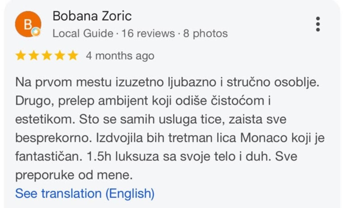 Google recenzija sa pet zvezdica: tretman lica Monaco je fantastičan